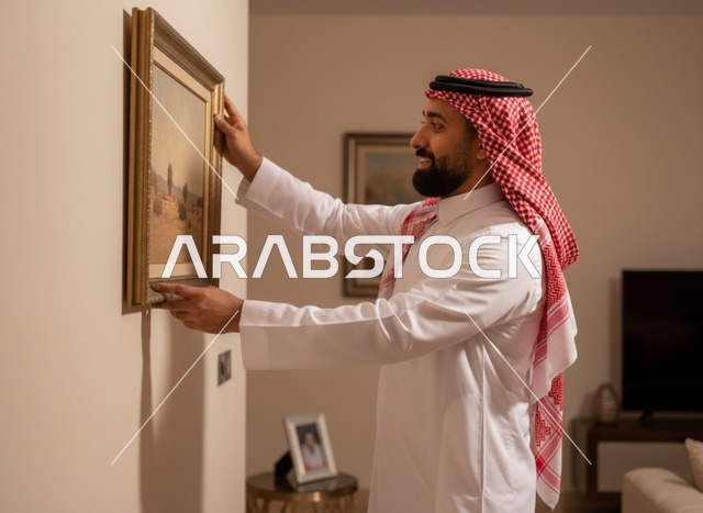 رجل  مرتدي الثوب السعودي الأبيض مع الشماغ الأحمر والعقال