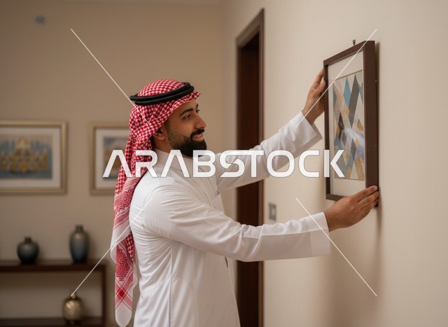 رجل  مرتدي الثوب السعودي الأبيض مع الشماغ الأحمر والعقال