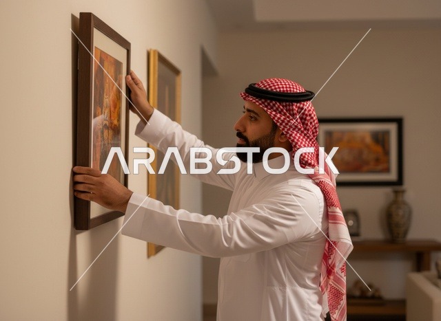 رجل  مرتدي الثوب السعودي الأبيض مع الشماغ الأحمر والعقال