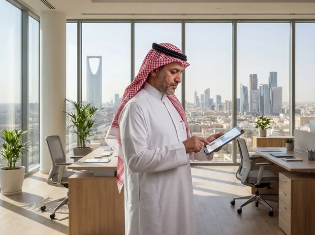 Saudi Businessman Riyadh Office Skyline Tablet