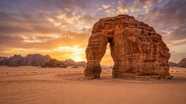 صخرة الفيل في العلا السعودية مشهد غروب الشمس الصحراوي