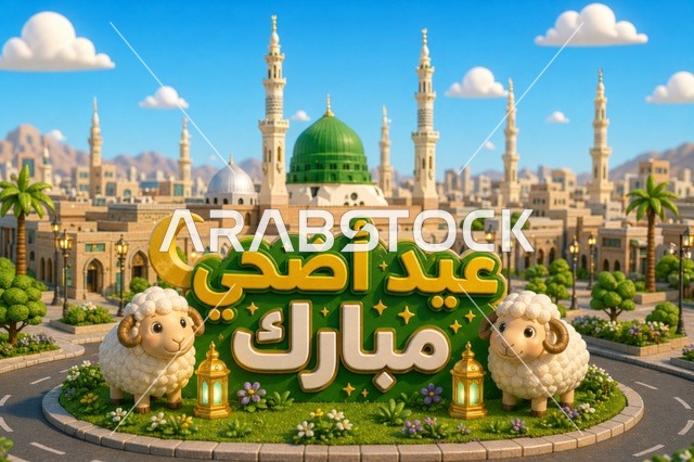 تهنئة عيد الأضحى المبارك مع المسجد النبوي وخروف العيد