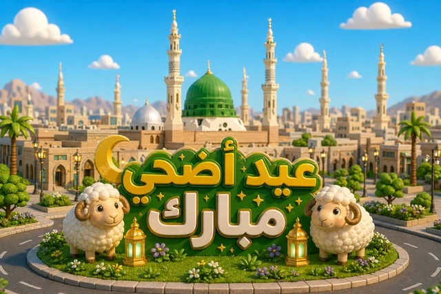 Eid al-Adha Greeting with Medina Mosque and Sheep