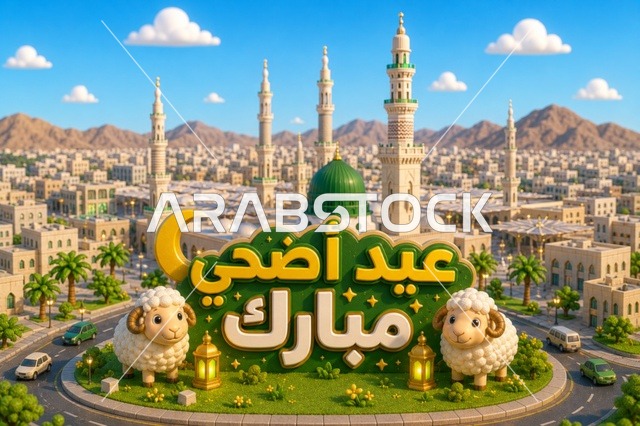 Eid Adha Mubarak 3D Illustration with Medina Mosque