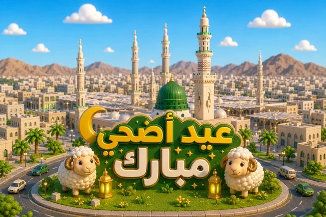 Eid Adha Mubarak 3D Illustration with Medina Mosque