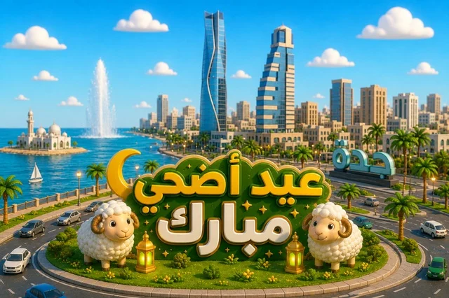 Eid Al-Adha Greetings Jeddah Saudi Arabia Skyline 3D