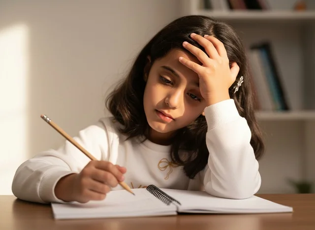 Young Saudi Girl Writing in Notebook at Home