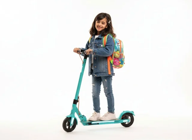 Saudi Girl with Backpack on Electric Scooter White Background