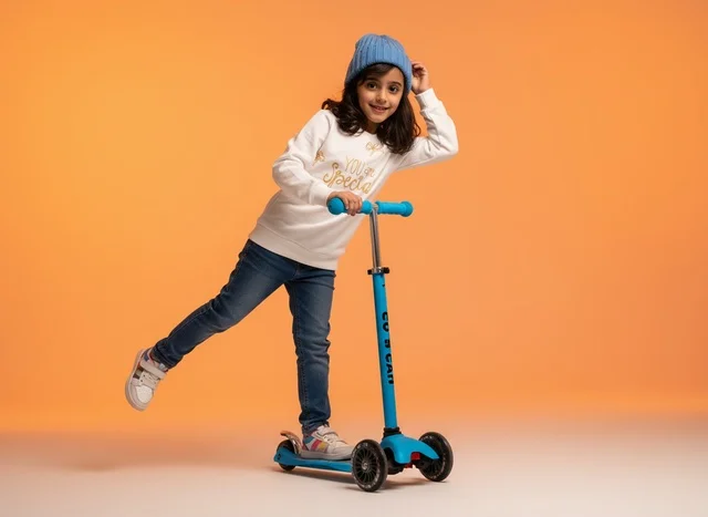 Saudi Girl Riding Blue Scooter on Orange Background