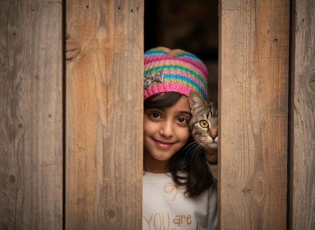 Middle Eastern Girl and Cat Peeking Through Wooden Fence