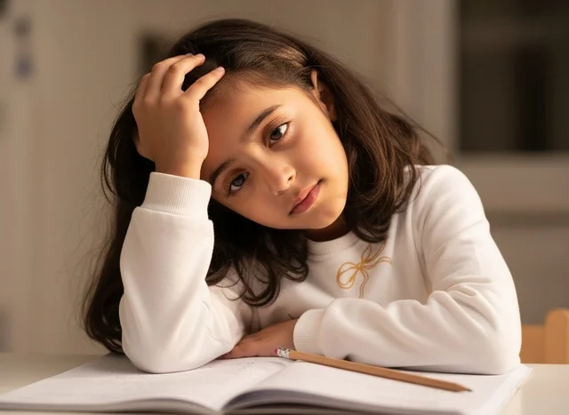 Arab Girl Studying at Desk with Bored Expression
