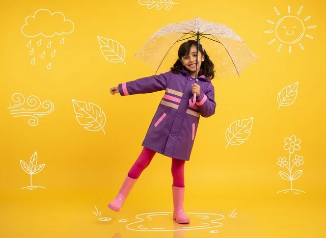 Middle Eastern Girl in Raincoat on Yellow Background
