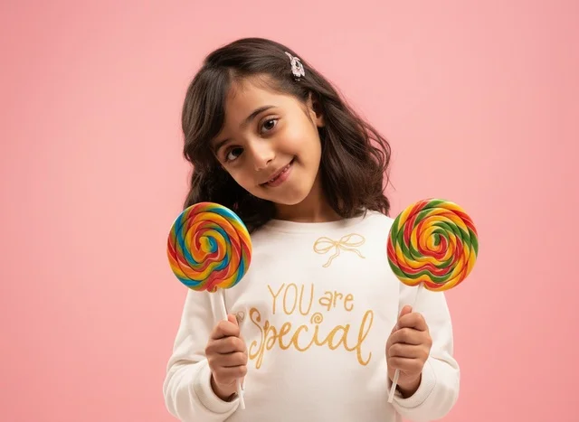 Saudi Girl Holding Rainbow Lollipops on Pink Background