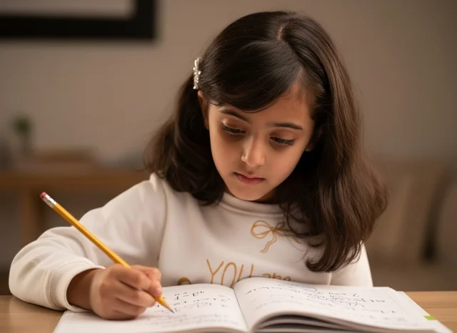 طفلة عربية تكتب في الدفتر بالمنزل