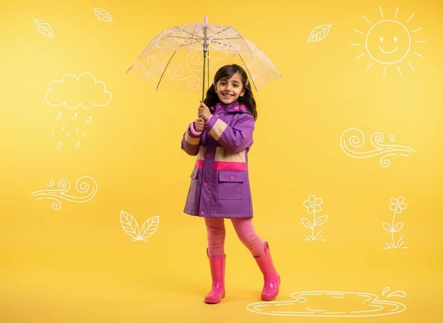 Arab Girl in Raincoat with Umbrella on Yellow Background
