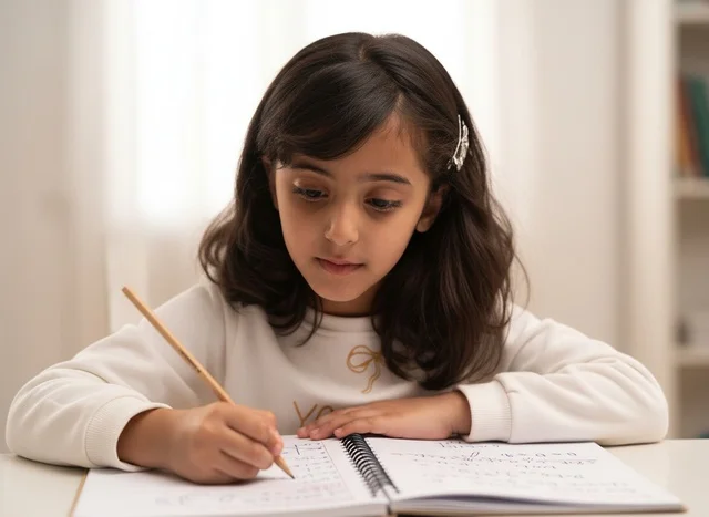 Arab Girl Student Writing in Notebook at Home Desk