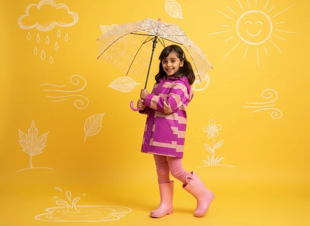 Saudi Girl in Raincoat with Umbrella Yellow Background