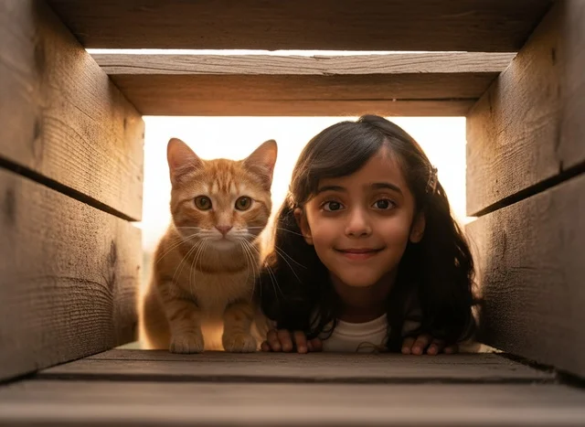 Saudi Girl and Ginger Cat in Wooden Box