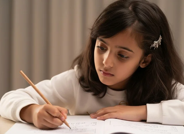 Saudi Girl Writing in Notebook at Home