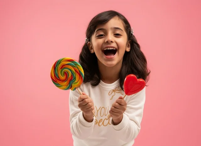Happy Saudi Girl Holding Lollipops on Pink Background