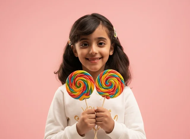 Saudi Girl with Colorful Lollipops on Pink Background