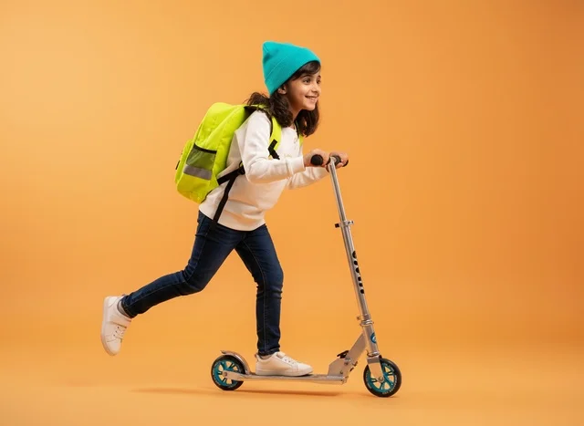 Arab Girl Riding Scooter with Green Backpack Studio Background