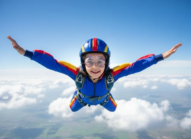 Arab Girl Skydiving in Blue Jumpsuit Over Clouds