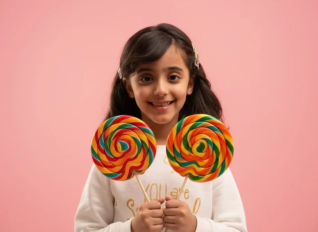 Saudi Girl Holding Colorful Lollipops on Pink Background