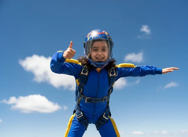 Arab Girl in Skydiving Jumpsuit Flying in Blue Sky