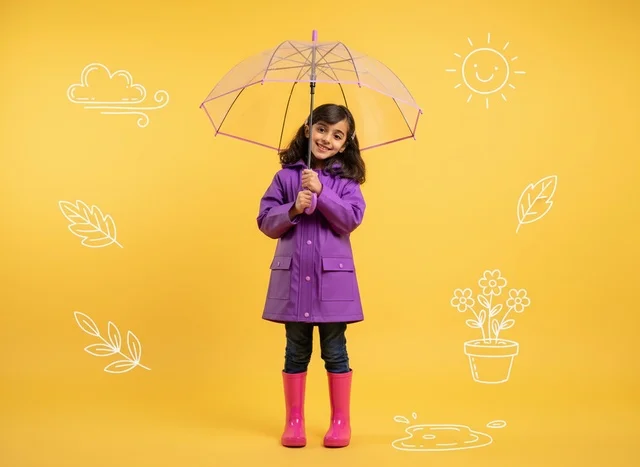 Saudi Girl in Raincoat with Umbrella Yellow Background