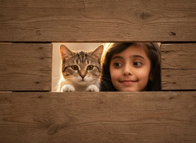 Arab Girl and Cat Peeking Through Wooden Fence Wall