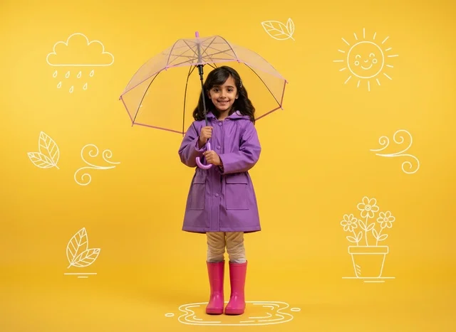 Arab Girl in Purple Raincoat on Yellow Background