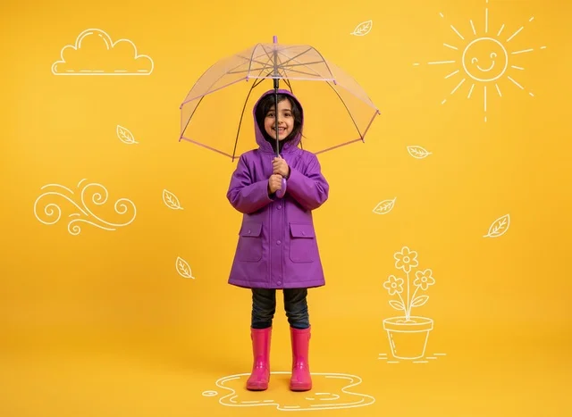 Arab Girl in Purple Raincoat with Umbrella Yellow Background