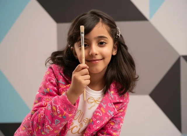 Saudi Girl Holding Paintbrush in Art Room