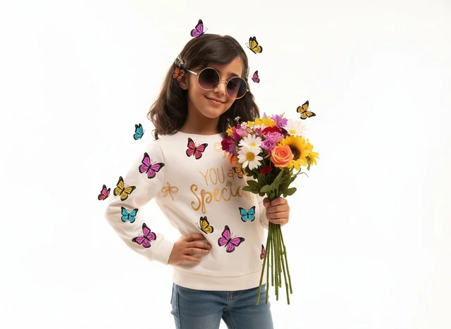 Saudi Girl Holding Flower Bouquet on White Background