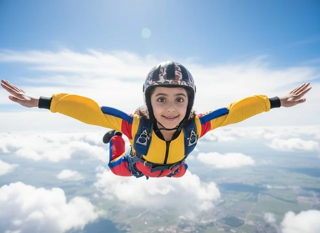 Arab Girl Skydiving in Clear Blue Sky Above White Clouds