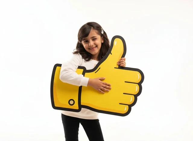 Saudi Girl Holding Large Yellow Thumbs Up Icon