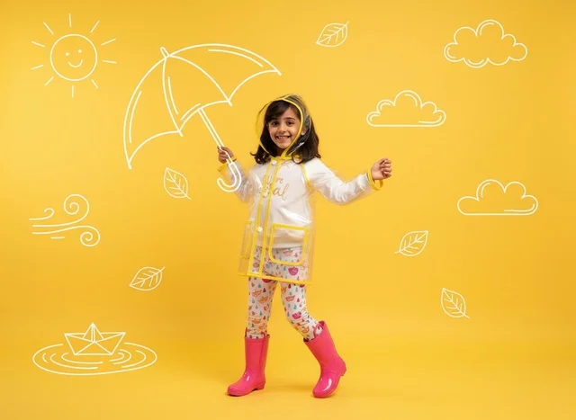 Saudi Girl in Yellow Raincoat and Pink Boots Studio