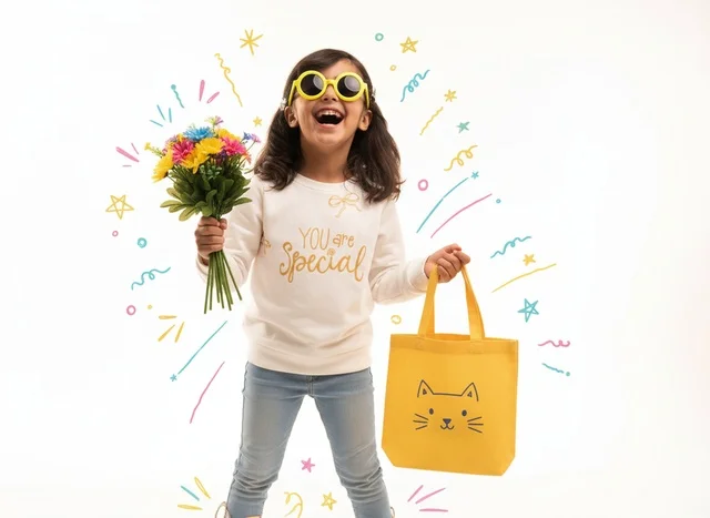 Middle Eastern Girl Holding Flowers and Yellow Bag