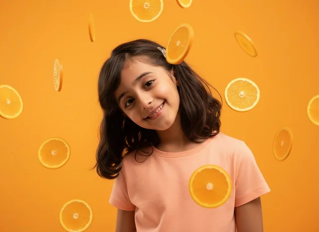 Young Saudi Girl with Flying Orange Slices