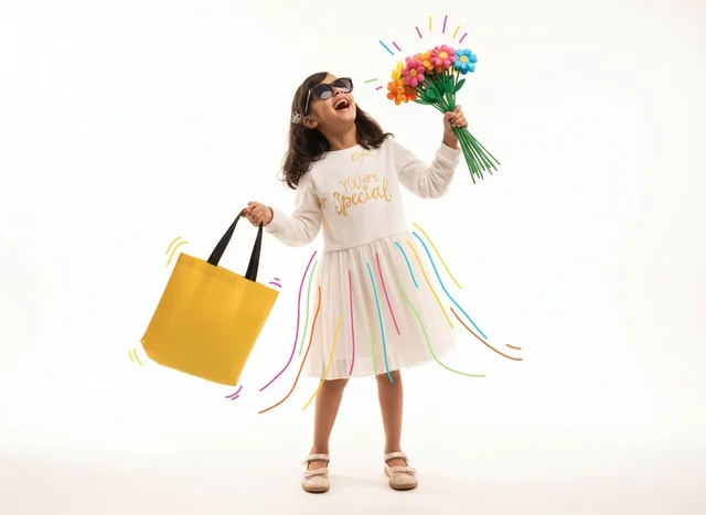 Saudi Girl with Shopping Bag and Flowers in Studio