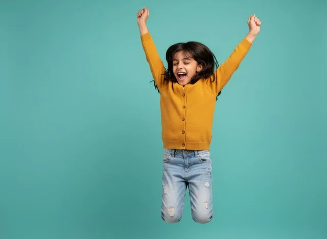 Excited Young Arab Girl Jumping on Teal Background