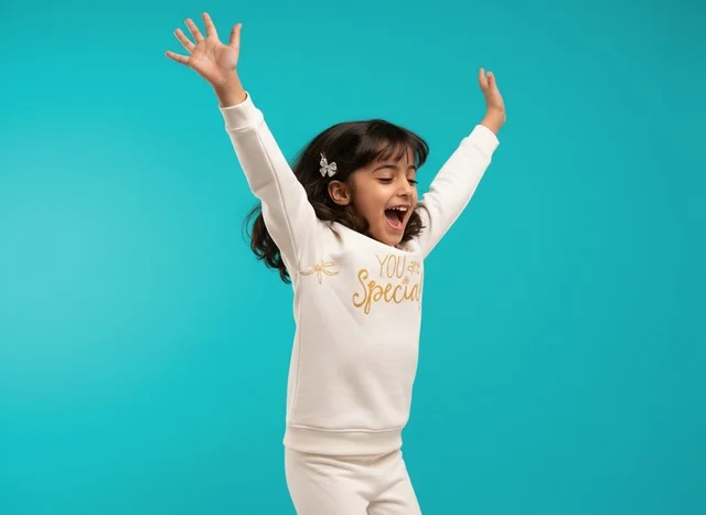 Happy Saudi Girl Jumping on Turquoise Background
