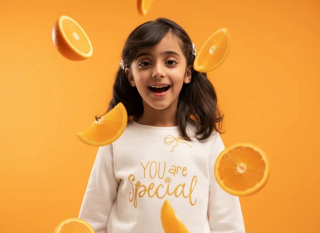 Arab Girl with Falling Orange Slices on Orange Background