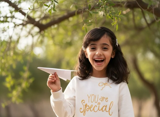 Saudi Girl Playing with Paper Airplane in Park