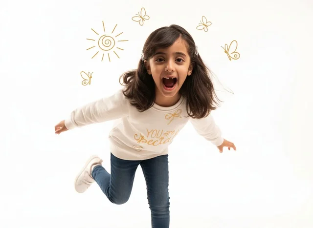 Saudi Girl Playing with Animated Drawings on White Background