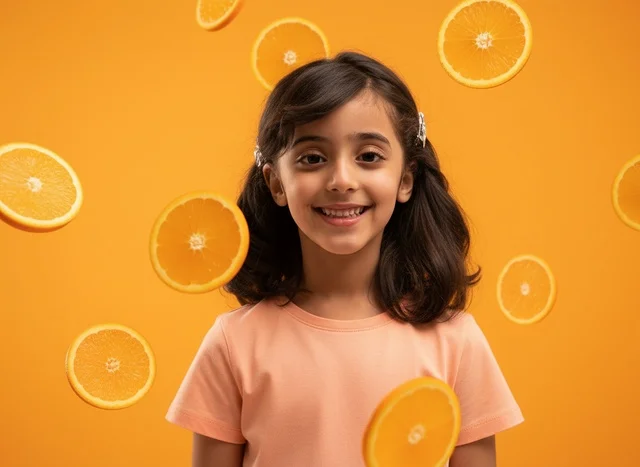 Smiling Arab Girl with Floating Orange Slices Studio Smiling Arab Girl with Floating Orange Slices Studio