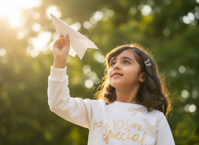 Arab Girl Holding Paper Airplane in Park at Sunset