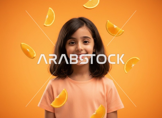Smiling Middle Eastern Girl with Floating Orange Slices