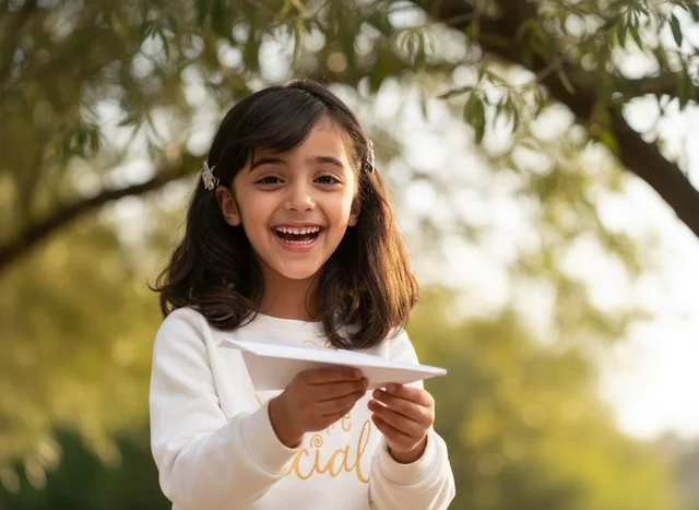 Happy Saudi Girl with Paper Airplane in Park